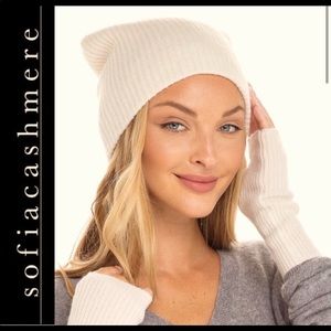 ❤️ Sofia Cashmere 100% Cashmere ribbed knit warm beanie hat in cream